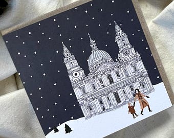 Single St Paul's Cathedral Christmas Card - snowy winter London scene - festive UK greeting