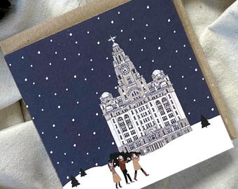 Single Liverpool Christmas Card - Royal Liver Building illustration - snowy festive city scene greeting