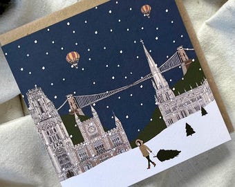 Single Bristol Christmas Cards - Clifton Suspension Bridge winter scene - illustrated Bristol skyline card
