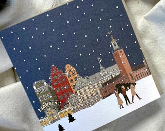 Pack of Stockholm Christmas Cards - Gamla Stan winter scene - Swedish snowy Xmas holiday card