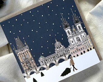Pack of Prague Christmas Cards - illustrated winter scene - snowy European city at Christmas