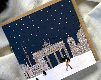 Tarjeta navideña individual de Berlín - Escena nevada de la Puerta de Brandeburgo - Ilustración invernal de Berlín - Vacaciones navideñas alemanas