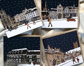 Cotswolds Christmas Cards – Snowy Village Illustration Card Set