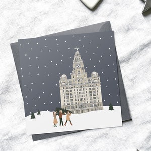 Tarjetas de Navidad de Liverpool, tarjetas de Navidad, edificio del hígado, punto de referencia británico, Navidad mínima, Navidad Scandi, paquete de tarjetas de Navidad
