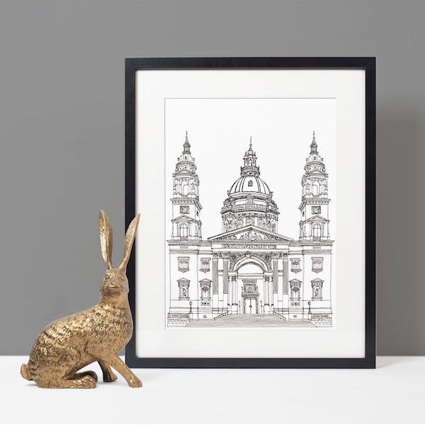 St Stephen's Basilica print | Budapest monochrome art | Budapest Print | City Illustration | Travel Gift | Budapest Picture | Budapest gift