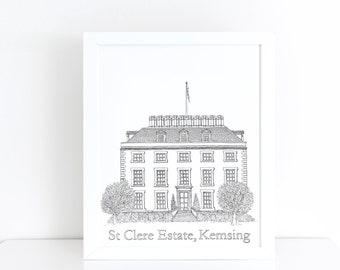 Custom monochrome/black & white venue line illustration