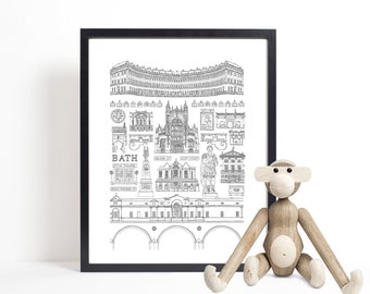 Custom town city illustration, illustrated places, black and white anniversary wedding graduation gift drawing