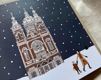Single Amsterdam Christmas Card - Basilica of Saint Nicholas festive church - snowy Amsterdam architecture scene