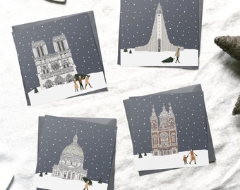 Assorted pack of European landmarks in the snow Christmas cards, illustrated christmas cards, amsterdam cards, paris christmas, copenhagen