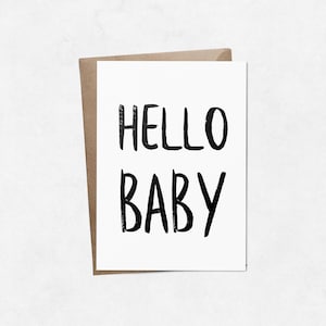 Biglietto Hello baby, lettera a pennello, monocromatico, neonato o neonato, biglietto per bambini, biglietto minimale, biglietto tipografico, biglietto con lettera a mano, sotto i 5 anni