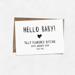 Biglietto Ciao Baby personalizzato, lettera a pennello, monocromatico, neonato o neonato, biglietto per bambini, biglietto minimo, biglietto con lettera a mano, sotto i 5 anni