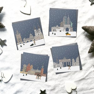 Pack surtido de tarjetas navideñas ciudades en la nieve, navidad ilustrada, tarjetas navideñas mínimas, pack mixto de tarjetas navideñas