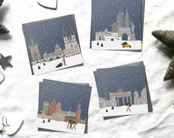 Assorted pack of cities in the snow Christmas cards, illustrated christmas, minimal christmas cards, mixed pack of xmas cards