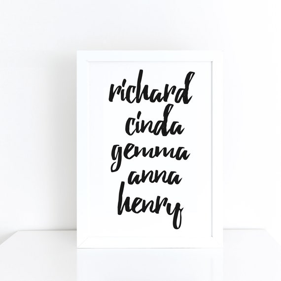 Personalised Family Names Script Print Monochrome Decor | Etsy