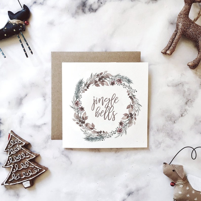 Cartões de Natal com guirlanda Jingle Bells, frutas de inverno, Natal mínimo, Natal Scandi, pacote de cartões de Natal, cartões de Natal, cartão de felicitações imagem 1