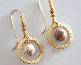 Hand Stamped Brass Ring Earrings with African Jasper