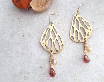 Hand Saw-Cut Brass Butterfly Earrings with Czech Glass Teardrop