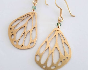 Hand Saw-Cut Brass Butterfly Wing Earrings with Cut Glass Beads