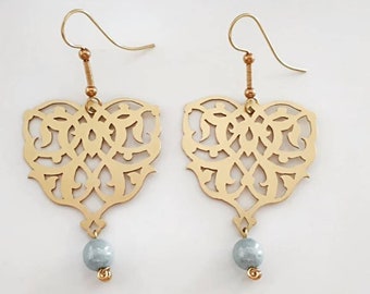 Arabesque Heart Brass Earrings with Duck Egg Blue Czech Pressed Beads