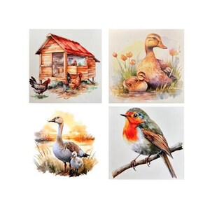May include: Four watercolour paintings of farm animals and birds. One shows a red-roofed wooden shed with chickens. Another depicts a duck with ducklings. A goose with goslings is in the third painting. The last painting shows a robin perched on a branch.