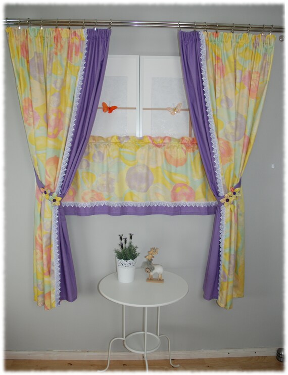 Rustic House Curtain Set 5 Pcs Yellow Purple Curtains Etsy