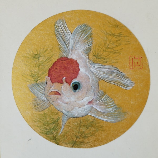 Peinture originale du poisson rouge au style GongBi sur papier doré cartonné
