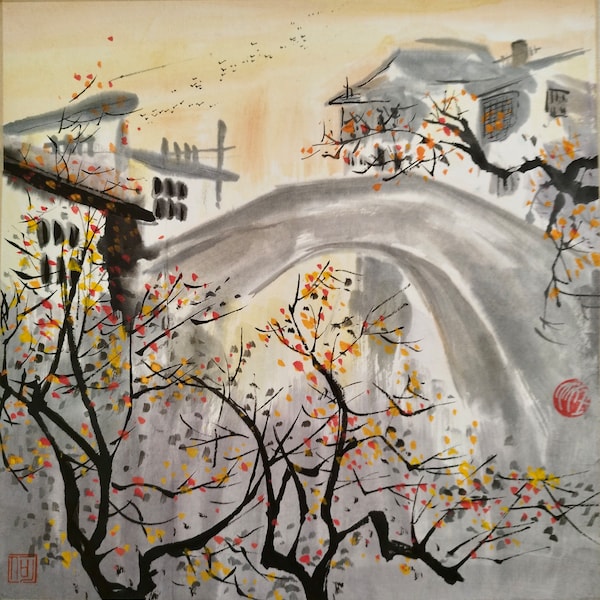 Peinture originale d'un paysage en automne à l'encre de chine et pigments sur papier de riz Xuan en rouleau suspendu