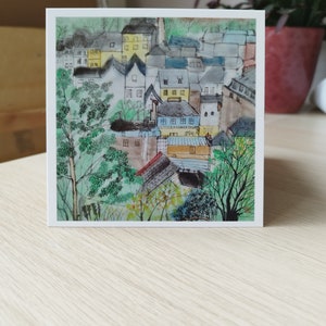 Cartão postal de uma pintura original da cidade de Morlaix em tinta e cor sobre papel de arroz