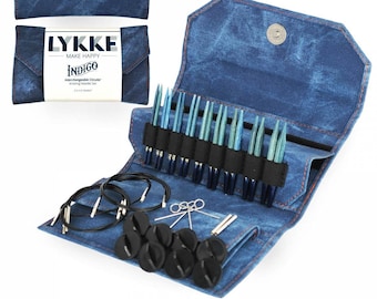 Lykke INDIGO Interchangeable needles set 3.5 Inch - Wooden Indigo Lykke 3.5 circular needles - Size US 3- US 10.5 (Size 3.25mm-6.5mm) Azure