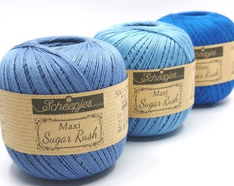 Cotton yarn for crocheting, Mercerized cotton yarn Scheepjes Maxi Sugar Rush, Crochet thread size 10 for lace making, 50 grams balls 280 m