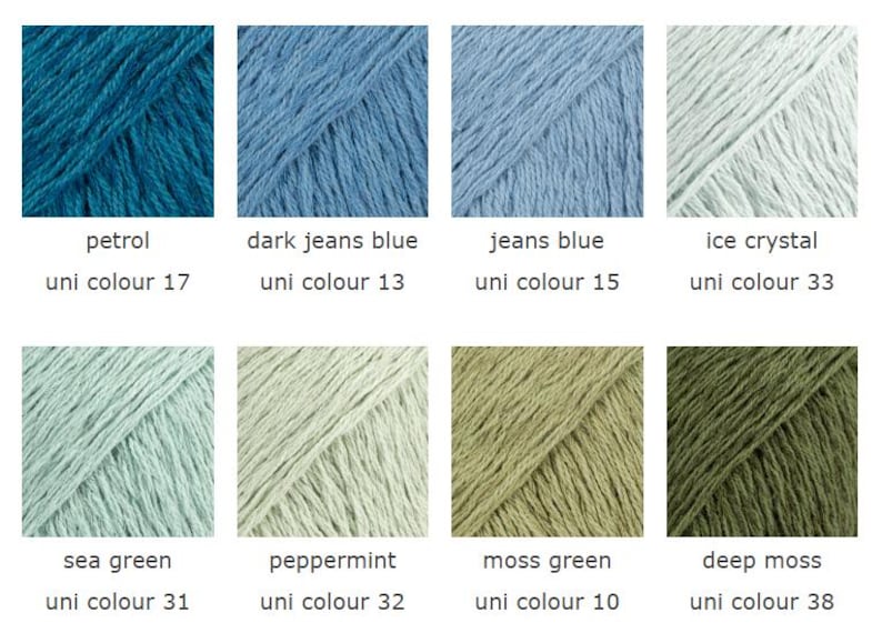May include: A color palette of yarn samples in various shades of blue, green, and off-white. Each sample is labeled with a color name and a "uni colour" number. Colors include petrol, dark jeans blue, jeans blue, ice crystal, sea green, peppermint, moss green, and deep moss.