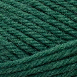 Op de afbeelding: Een close-up van donker bosgroen garen, met de getwiste vezelstructuur en de zachte, pluizige textuur van de individuele draden. Het garen is in parallelle rijen gerangschikt, wat de diepe, rijke kleur en de consistente draadstructuur benadrukt.