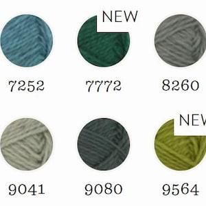 May include: A color chart featuring nine circular yarn samples in shades of teal, blue, dark green, gray, olive, and lime. Each circle is labeled with a numerical code, including 6937, 7252, 7772, 8260, 8264, 8571, 9041, 9080, and 9564. Two circles are marked NEW.