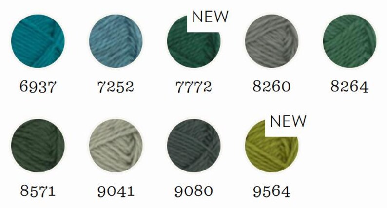 May include: A color chart featuring nine circular yarn samples in shades of teal, blue, dark green, gray, olive, and lime. Each circle is labeled with a numerical code, including 6937, 7252, 7772, 8260, 8264, 8571, 9041, 9080, and 9564. Two circles are marked NEW.