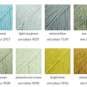 May include: A grid of eight yarn color samples labeled with names and codes: turquoise 2917, light sea green 9037, mineral blue 7139, sea fog 7323, sage green 9038, pistachio ice cream 9030, bright lime 2916, and wheat field 9029.