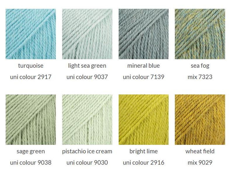 May include: A grid of eight yarn color samples labeled with names and codes: turquoise 2917, light sea green 9037, mineral blue 7139, sea fog 7323, sage green 9038, pistachio ice cream 9030, bright lime 2916, and wheat field 9029.