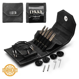 Starter Set Lykke FRIFTWOOD 3.5 inch Interchangeable knitting wooden needles set in a Grey case - Size US 3 - US 7 (Size 3.25 mm - 4.5 mm)