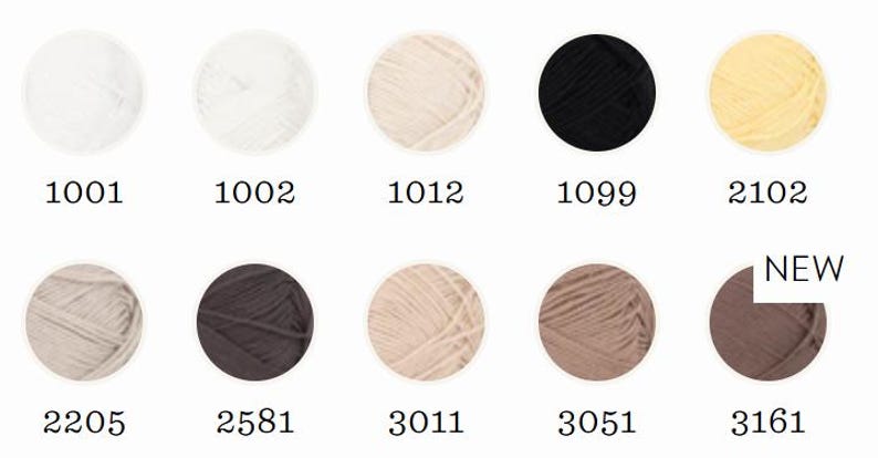 May include: A collection of yarn skeins in various colors, including white, cream, black, and brown. Each skein is labeled with a number, and one is marked "NEW". The yarn is arranged in a grid, showcasing the range of available shades.