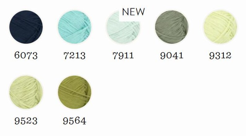 May include: A selection of yarn balls in various colors, including navy blue, teal, mint green, olive green, and pale yellow. Each ball is displayed in a circle with a corresponding number. The word "NEW" is above one of the yarn balls.