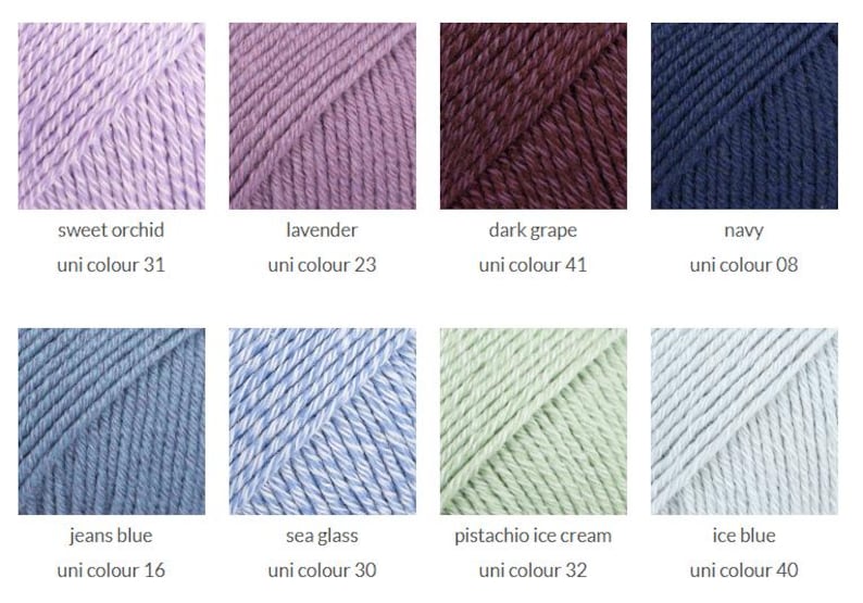 Puede incluir: Una cuadr&iacute;cula de ocho muestras de ovillos de lana en varios colores, cada una etiquetada con un nombre y un n&uacute;mero de color uni: sweet orchid 31, lavender 23, dark grape 41, navy 08, jeans blue 16, sea glass 30, pistachio ice cream 32, ice blue 40.