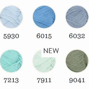 May include: A collection of yarn balls in various shades of blue, green, and yellow. Each ball is displayed in a circle with a unique number. The word "NEW" is displayed above one of the yarn balls.