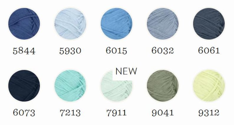 May include: A collection of yarn balls in various shades of blue, green, and yellow. Each ball is displayed in a circle with a unique number. The word "NEW" is displayed above one of the yarn balls.