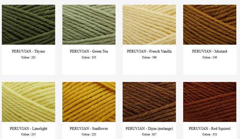 Op de afbeelding: Een raster van acht strengen garen in verschillende kleuren, gelabeld als PERUVIAN met specifieke kleurnamen en nummers: Thyme 221, Green Tea 355, French Vanilla 196, Mustard 136, Limelight 255, Sunflower 223, Dijon 827 en Red Squirrel 352.