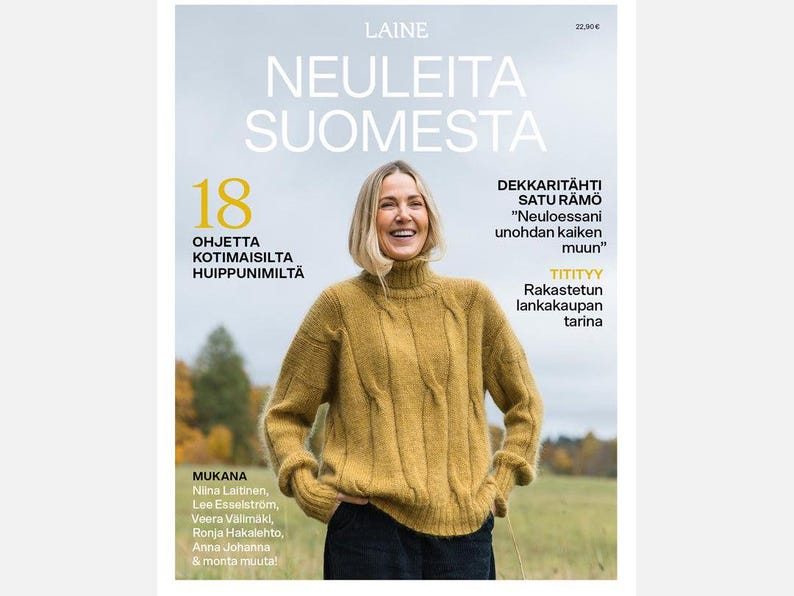 May include: A magazine cover featuring a woman wearing a yellow knitted sweater. The cover text reads "Neuleita Suomesta" and "18 Ohjetta Kotimaisilta Huippunimilt&auml;".