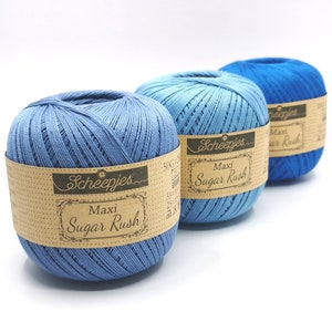 Cotton yarn for crocheting, Mercerized cotton yarn Scheepjes Maxi Sugar Rush, Crochet thread size 10 for lace making, 50 grams balls 280 m