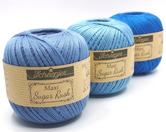 Cotton yarn for crocheting, Mercerized cotton yarn Scheepjes Maxi Sugar Rush, Crochet thread size 10 for lace making, 50 grams balls 280 m