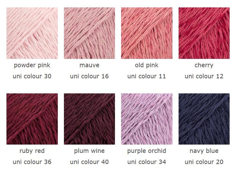 May include: A color palette of eight yarn samples in various shades of pink, red, and blue. Each sample is labeled with a color name and a "uni colour" number. Colors include powder pink, mauve, old pink, cherry, ruby red, plum wine, purple orchid, and navy blue.