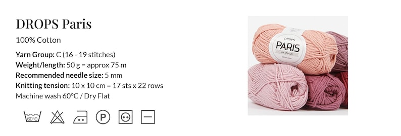 K&ouml;nnte beinhalten: Eine Auswahl an DROPS Paris 100% Baumwollgarn in verschiedenen Rosa-, Pfirsich- und Burgundert&ouml;nen. Das Garn ist mit dem Markennamen und Produktdetails versehen, einschlie&szlig;lich Gewicht und empfohlener Nadelst&auml;rke.