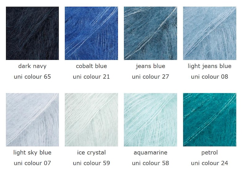 May include: A color palette of eight skeins of yarn in various shades of blue and green. Colors include dark navy, cobalt blue, jeans blue, light jeans blue, light sky blue, ice crystal, aquamarine, and petrol. Each color is labeled with its name and a uni color number.