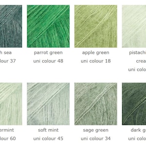 May include: A color palette of eight skeins of yarn in various shades of green. Colors include north sea, parrot green, apple green, pistachio ice cream, peppermint, soft mint, sage green, and dark green. Each color is labeled with its name and uni color number.